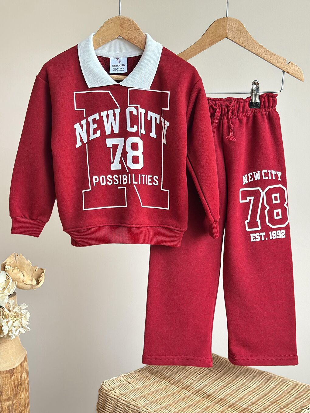Kırmızı Kız Çocuk Pamuklu Bordo New City 78 Baskılı Eşofman Takımı - Rahat Kalıp-2