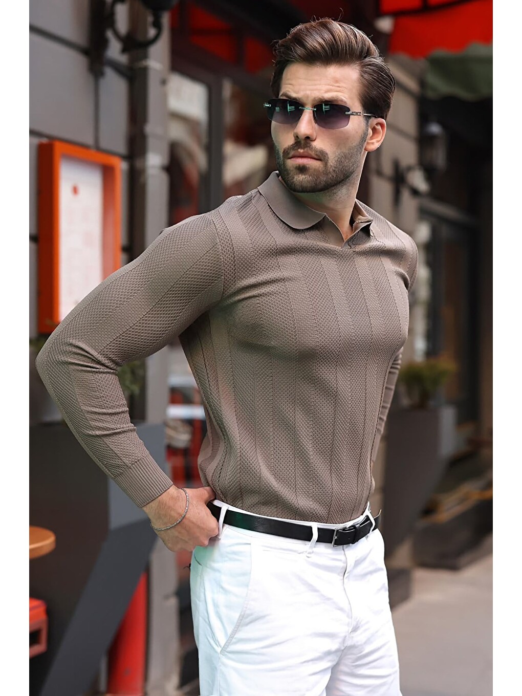 Açık Kahverengi Regular Fit Polo Yaka Triko Erkek Kazak E7509
