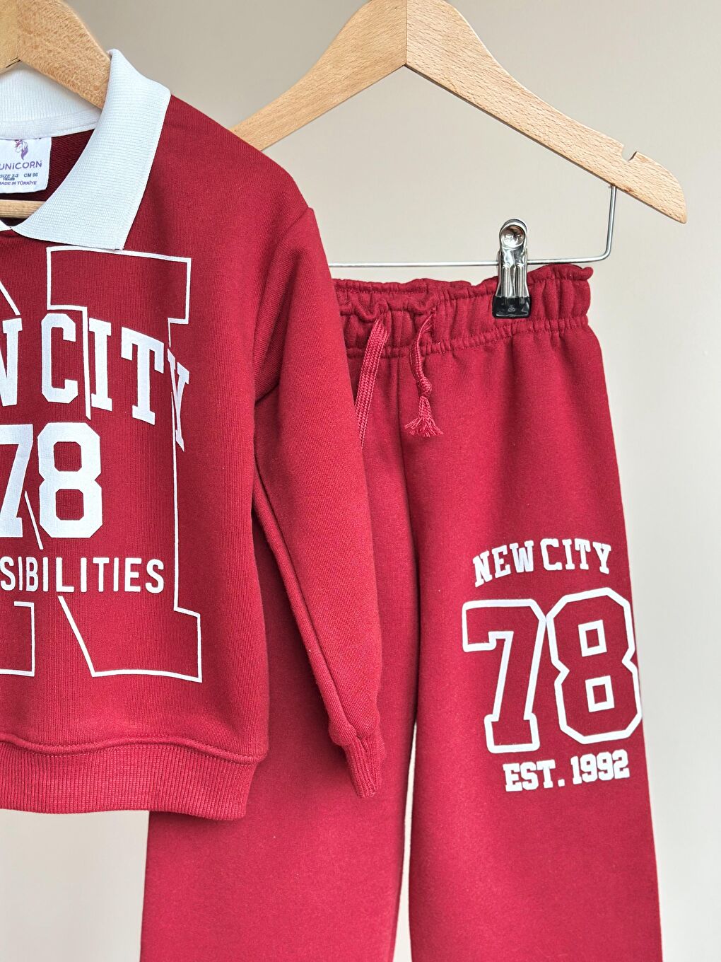 Kırmızı Kız Çocuk Pamuklu Bordo New City 78 Baskılı Eşofman Takımı - Rahat Kalıp-3