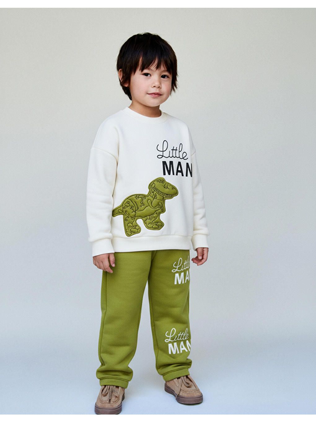 Karışık Erkek Çocuk Pamuklu Yeşil Little Man Dinozor Baskılı Eşofman Takımı - Rahat Kalıp Model-1