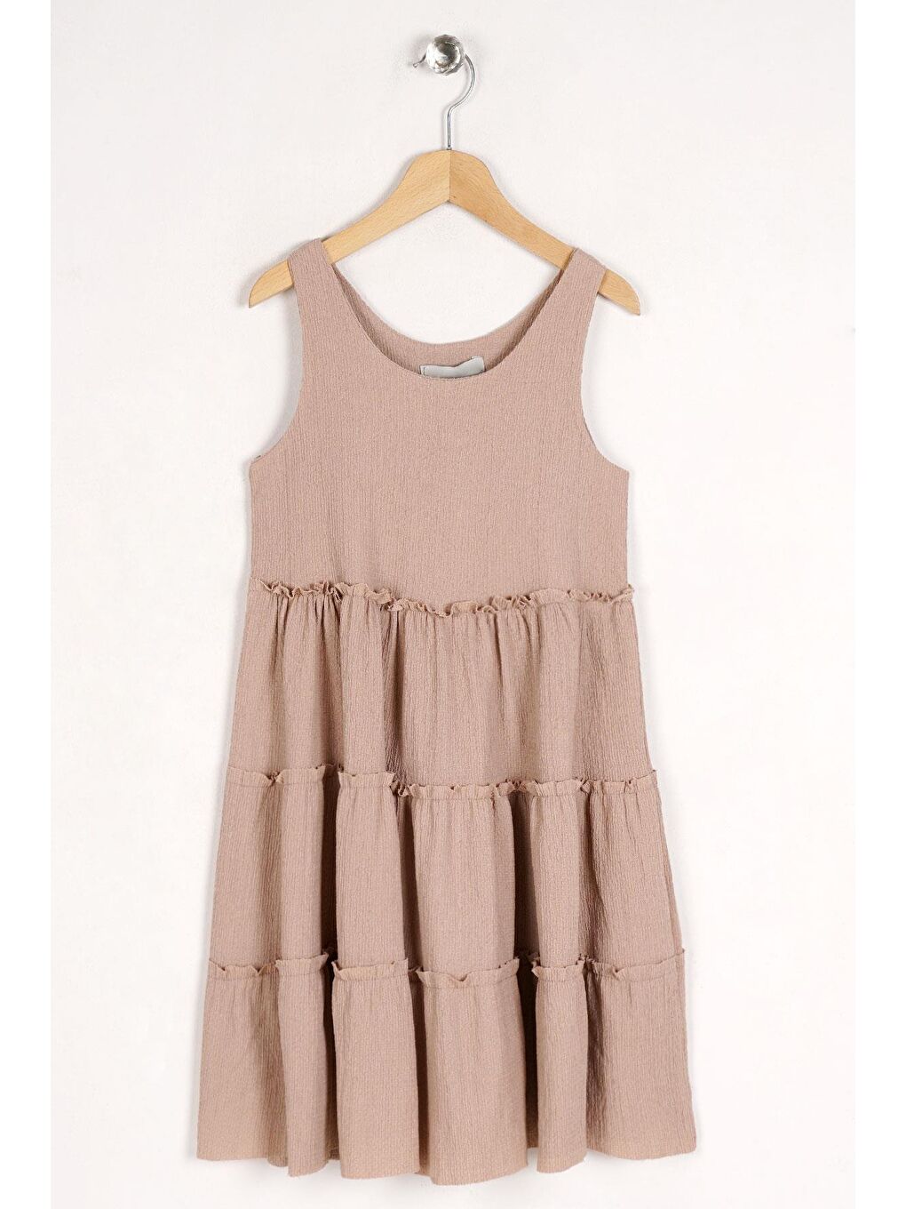 Bisiklet Yaka Sıfır Kol Beli Lastikli Bej Renk Kız Çocuk Elbise