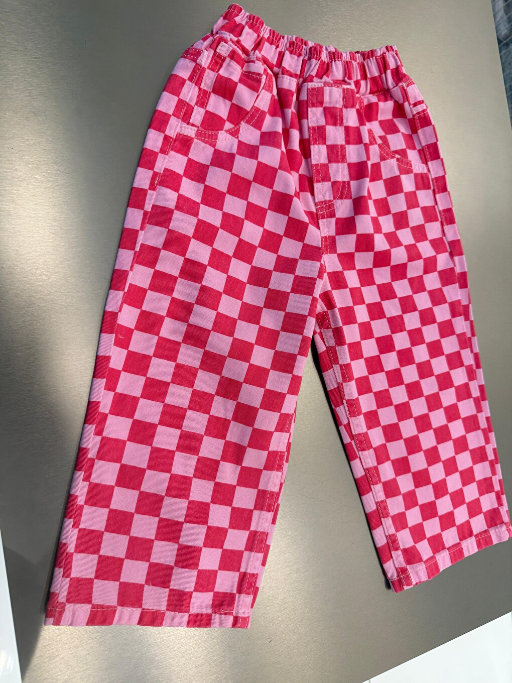 Kız Çocuk Pamuklu Pembe Kare Desenli Pantolon-4