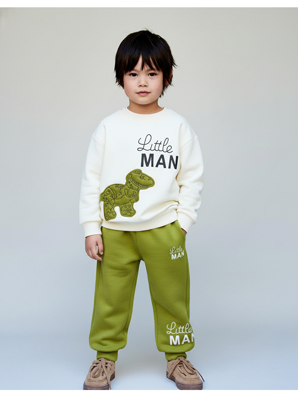 Karışık Erkek Çocuk Pamuklu Yeşil Little Man Dinozor Baskılı Eşofman Takımı - Rahat Kalıp Model-2