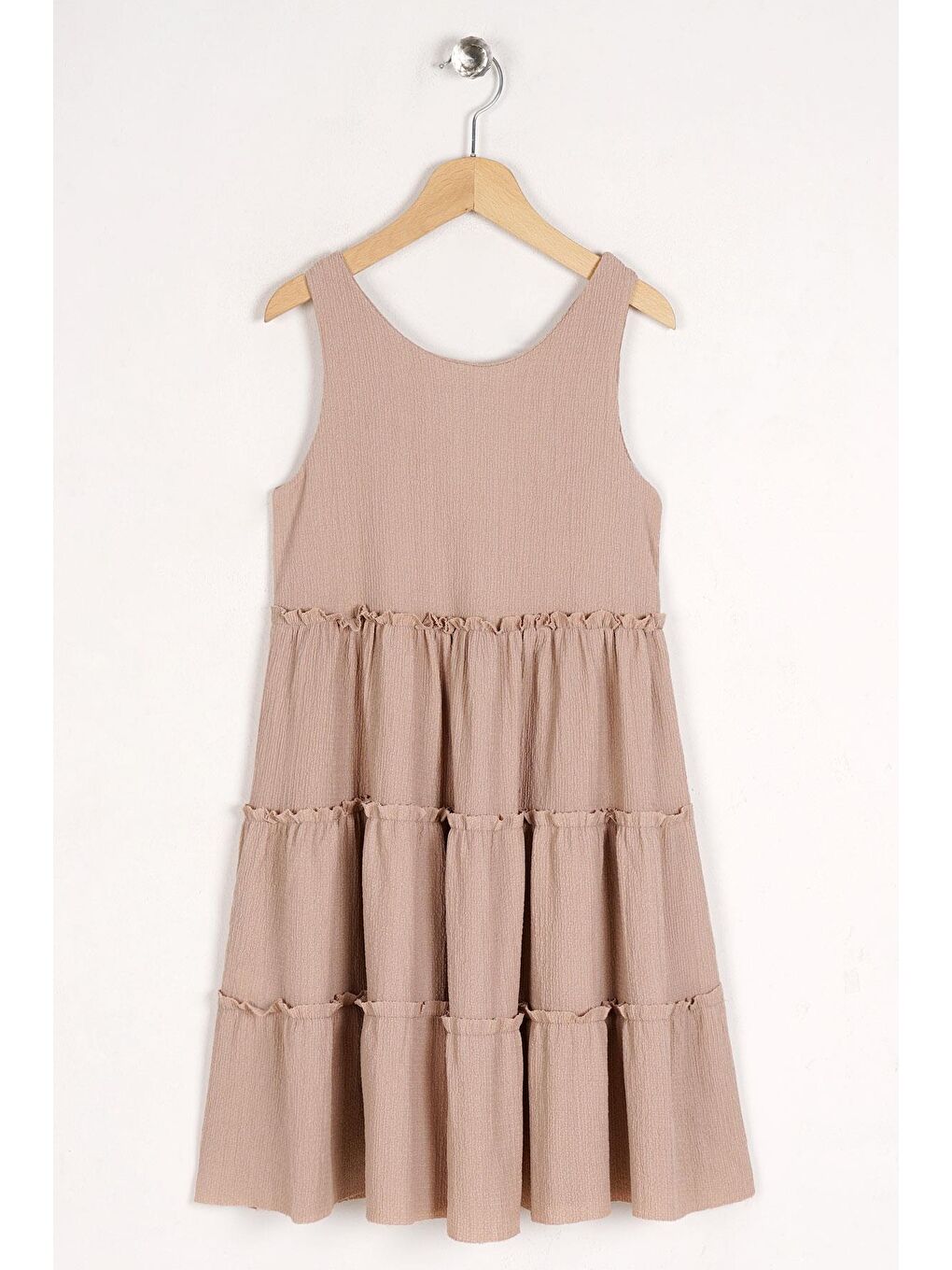 Bisiklet Yaka Sıfır Kol Beli Lastikli Bej Renk Kız Çocuk Elbise-1