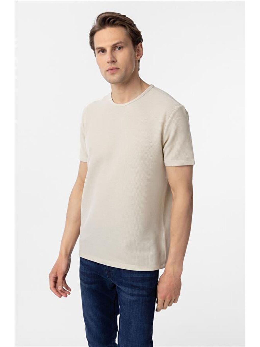Bej Slim Armürlü Bisiklet Yaka Tişört-2