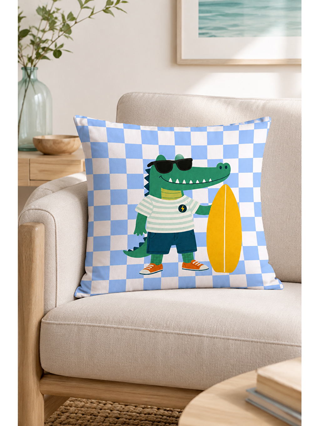 Beyaz Sörfçü Timsah Desenli Dekoratif Kırlent Kılıfı Çocuk Odası Yazlık Dekor 43x43 Cm-5