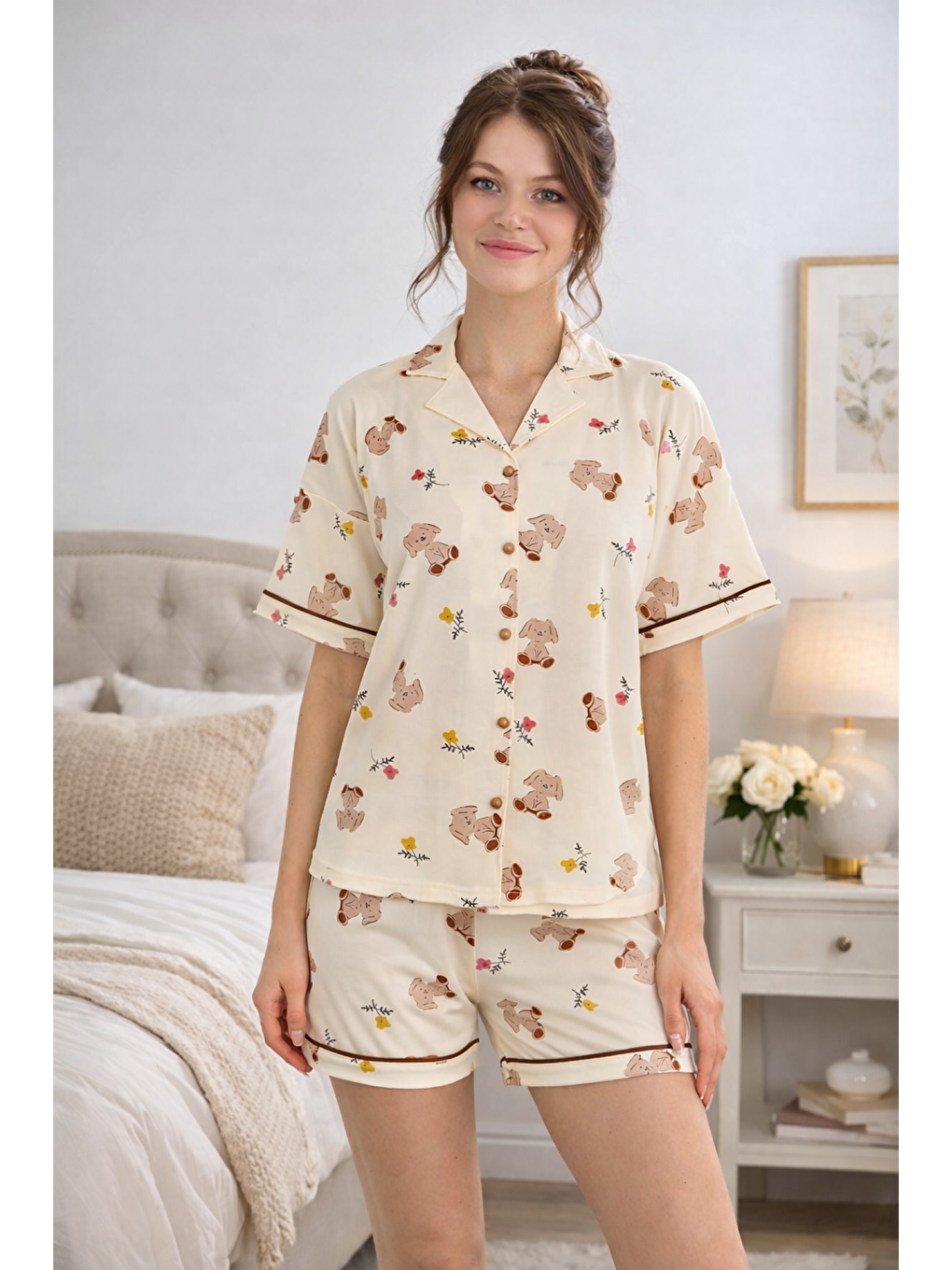 Ekru PREMIUM Kadın Viskon/Bambu Yüksek Kaliteli Gömlek Yaka Düğmeli Biyeli Esnek Şortlu Pijama Takımı-1