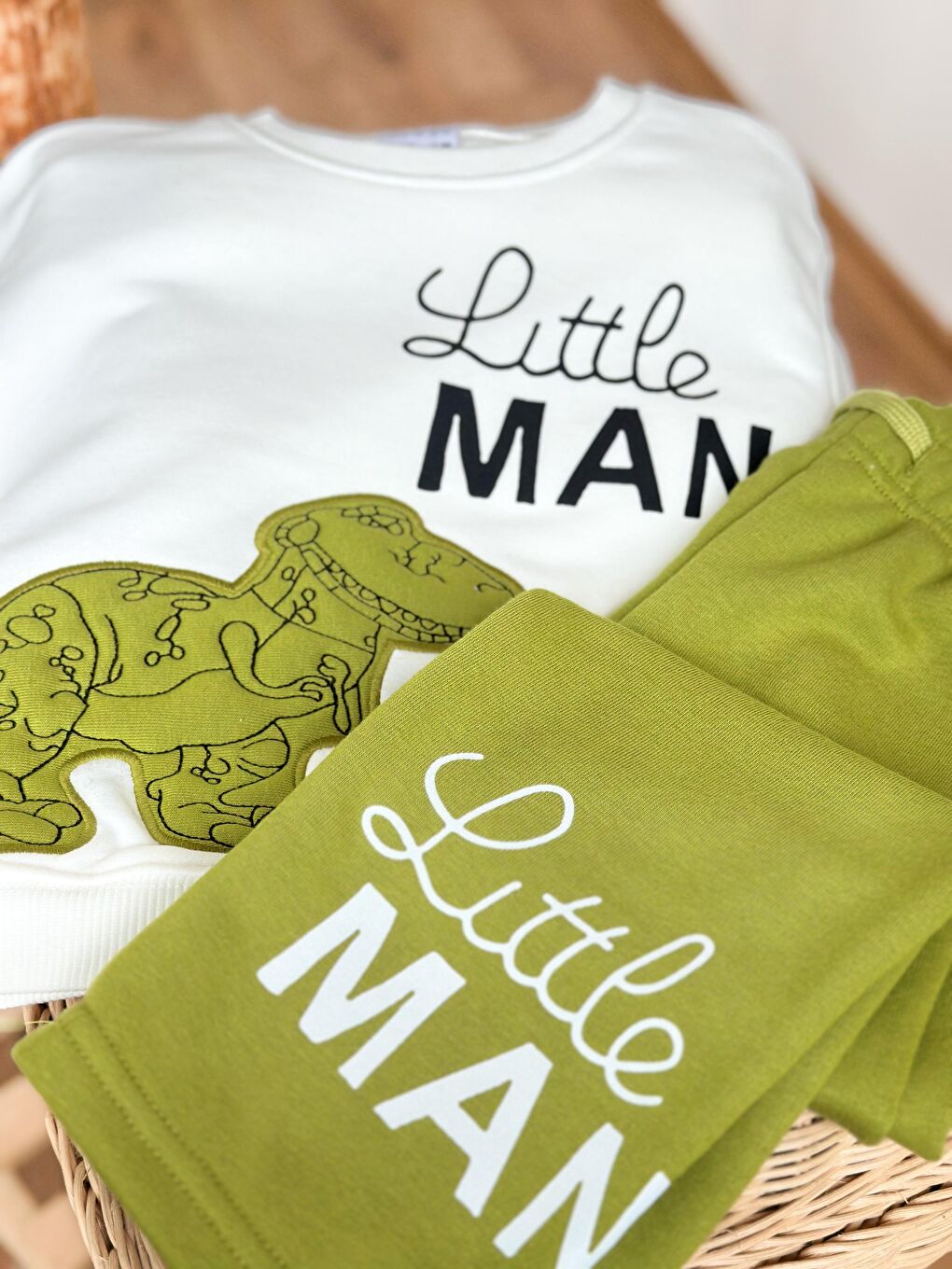 Karışık Erkek Çocuk Pamuklu Yeşil Little Man Dinozor Baskılı Eşofman Takımı - Rahat Kalıp Model-4