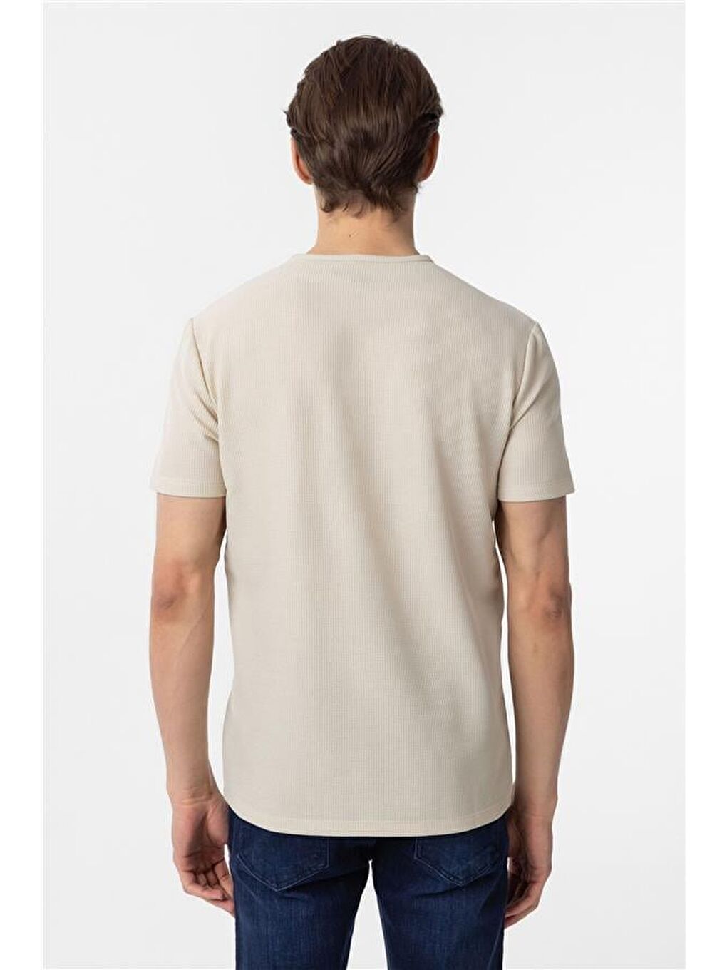 Bej Slim Armürlü Bisiklet Yaka Tişört-4