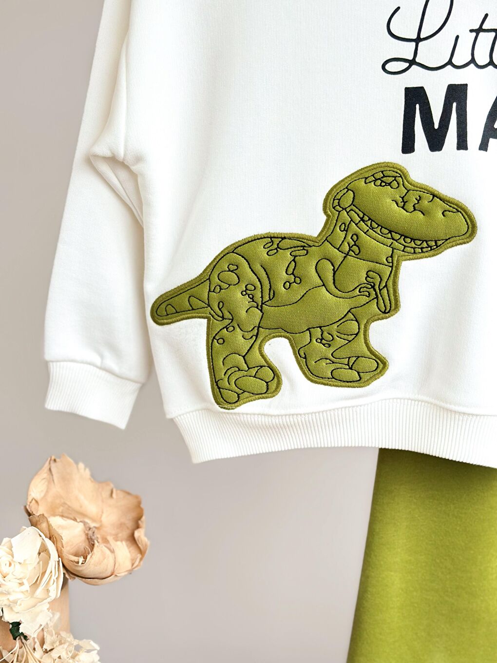 Karışık Erkek Çocuk Pamuklu Yeşil Little Man Dinozor Baskılı Eşofman Takımı - Rahat Kalıp Model-5