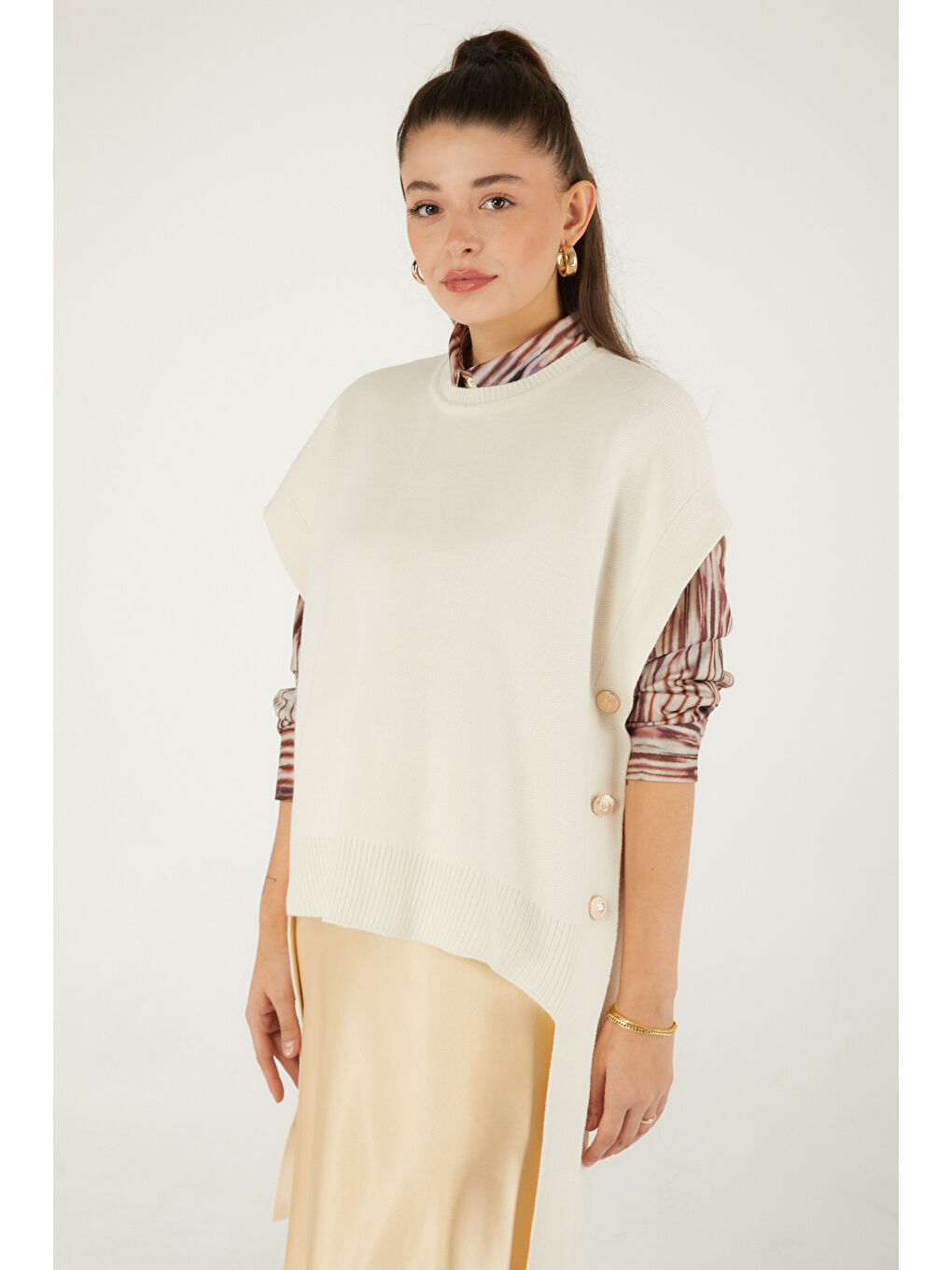 Bisiklet Yaka Kadın Bej Yandan Bağlamalı Kazak - 26502