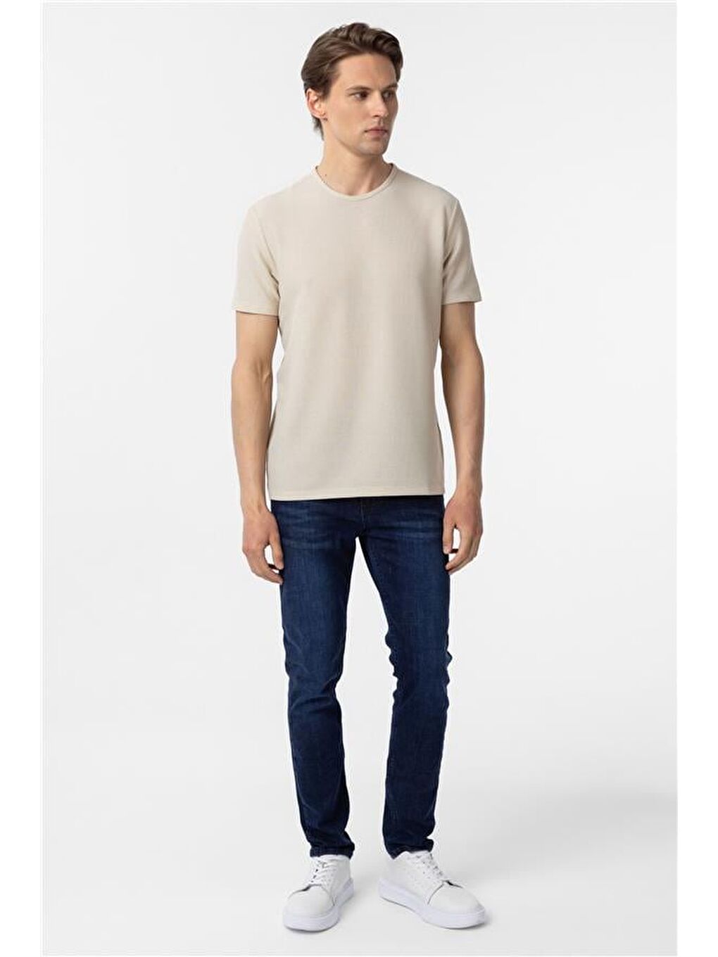 Bej Slim Armürlü Bisiklet Yaka Tişört-5