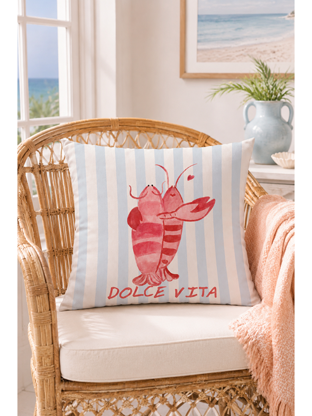 Beyaz Dolce Vita Istakoz Çizgili Marin Dekoratif Kırlent Kılıfı Akdeniz Dekor 43x43 Cm-3
