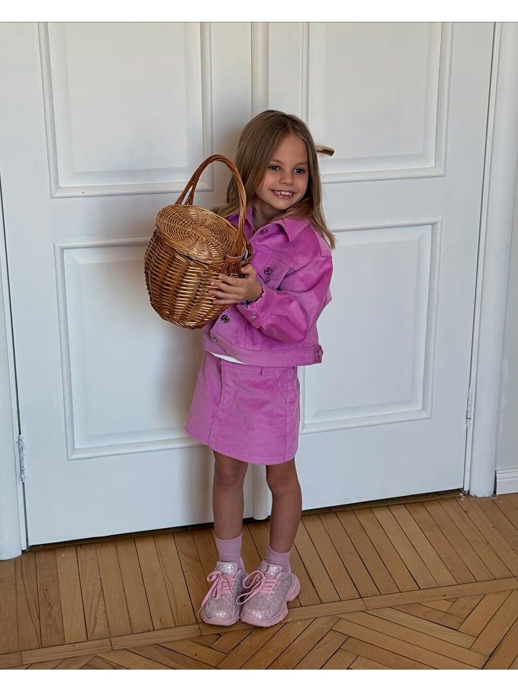 Pembe Kız Çocuk Pamuklu Fuşya Ceketli Etek Takım - Düğme Detaylı Crop Ceket-1