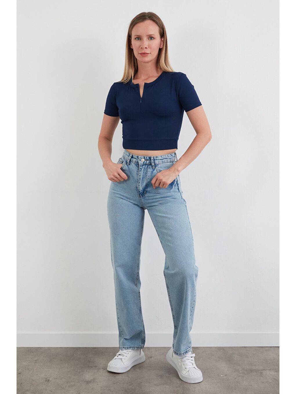 Lacivert Basic Yarım Fermuarlı Dalgıç Kumaş Crop Tişört-1