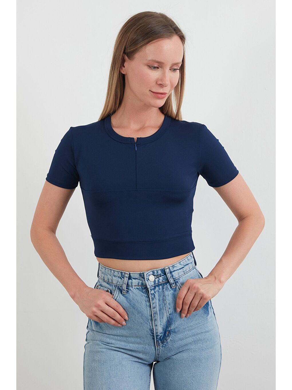 Lacivert Basic Yarım Fermuarlı Dalgıç Kumaş Crop Tişört-2