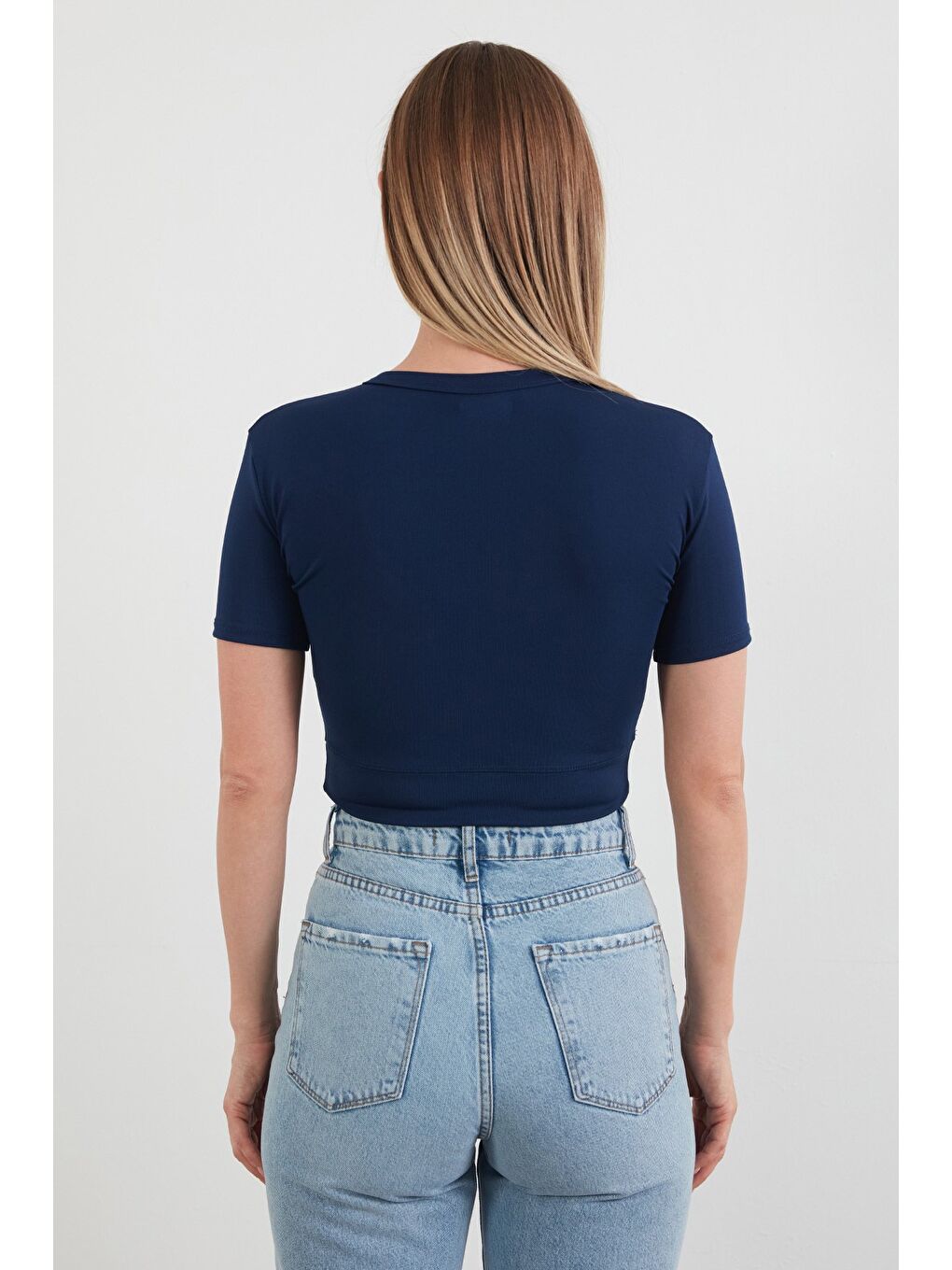Lacivert Basic Yarım Fermuarlı Dalgıç Kumaş Crop Tişört-3