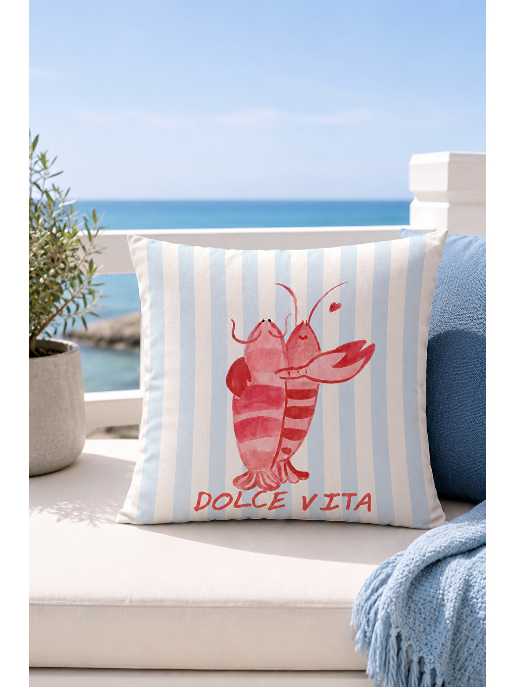 Beyaz Dolce Vita Istakoz Çizgili Marin Dekoratif Kırlent Kılıfı Akdeniz Dekor 43x43 Cm-5