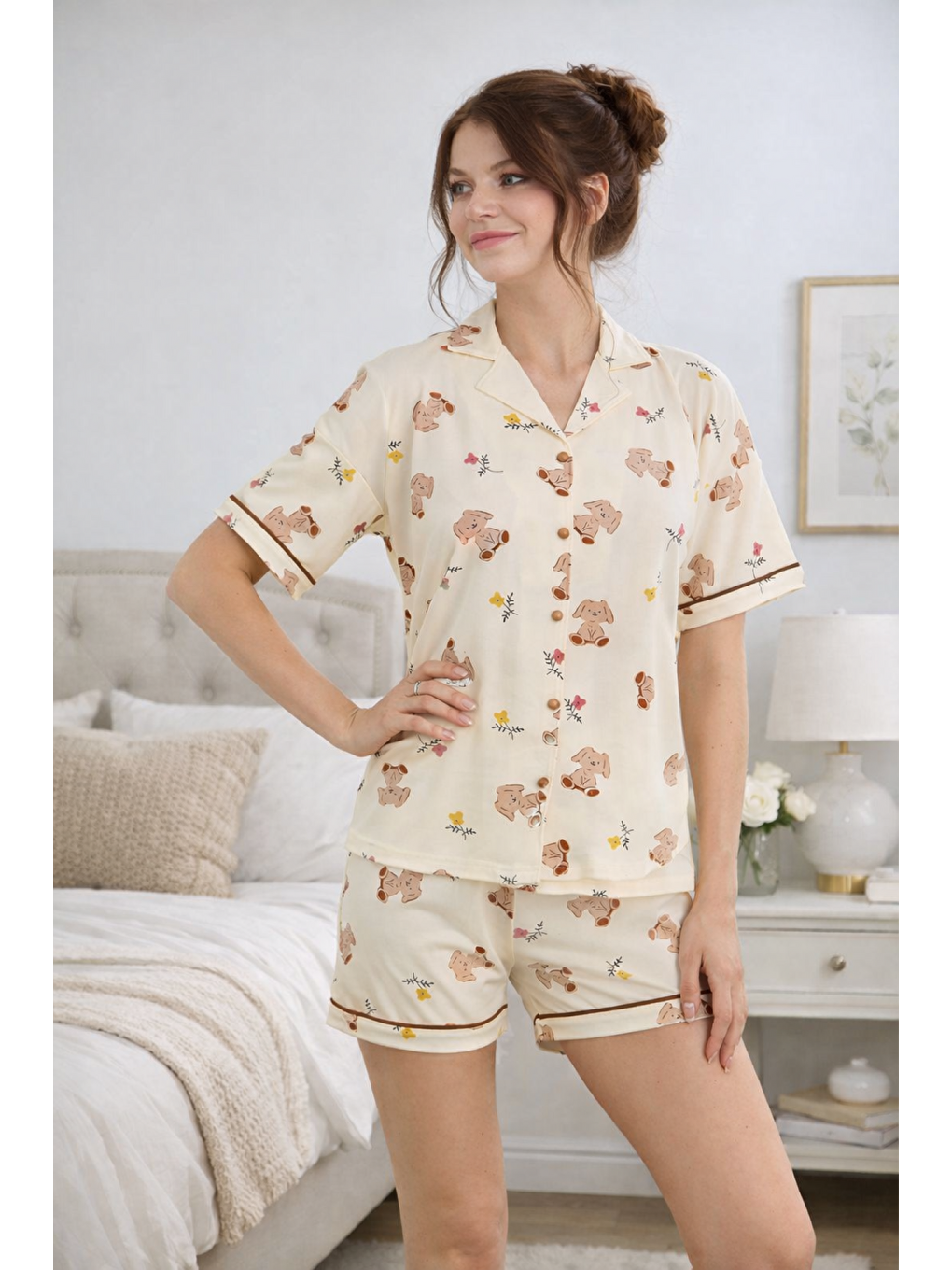 Ekru PREMIUM Kadın Viskon/Bambu Yüksek Kaliteli Gömlek Yaka Düğmeli Biyeli Esnek Şortlu Pijama Takımı-3