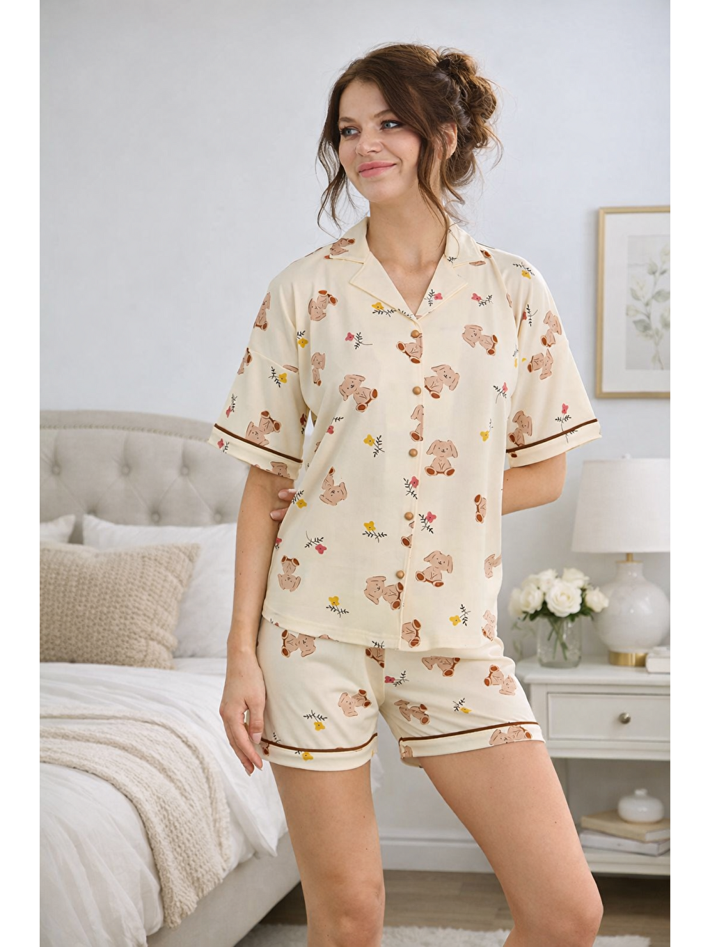 Ekru PREMIUM Kadın Viskon/Bambu Yüksek Kaliteli Gömlek Yaka Düğmeli Biyeli Esnek Şortlu Pijama Takımı-4