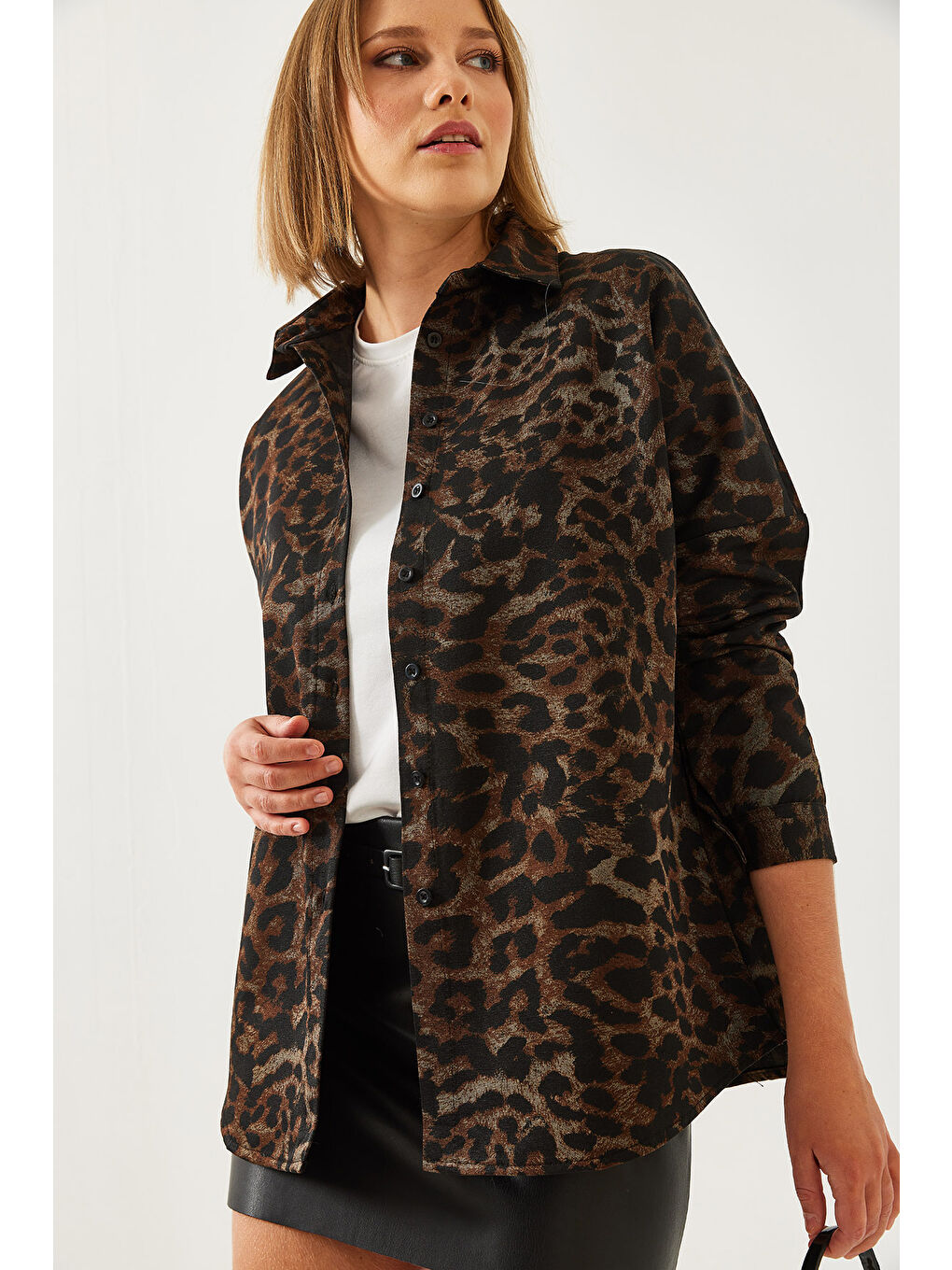 Kahverengi Kadın Leopar Desenli Yarasa Kol Gömlek-2