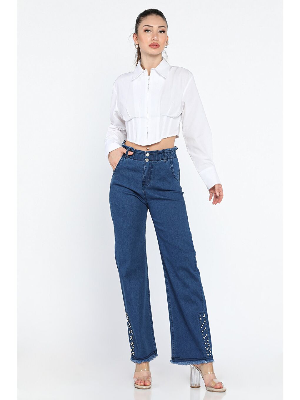 Lacivert Kadın Yüksek Bel Paça Püsküllü Taş Detaylı Elastanlı Jean Pantolon-1