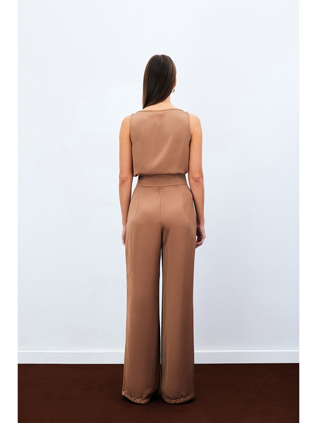 Kahverengi Salaş Krep Saten Pantolon - Camel-1