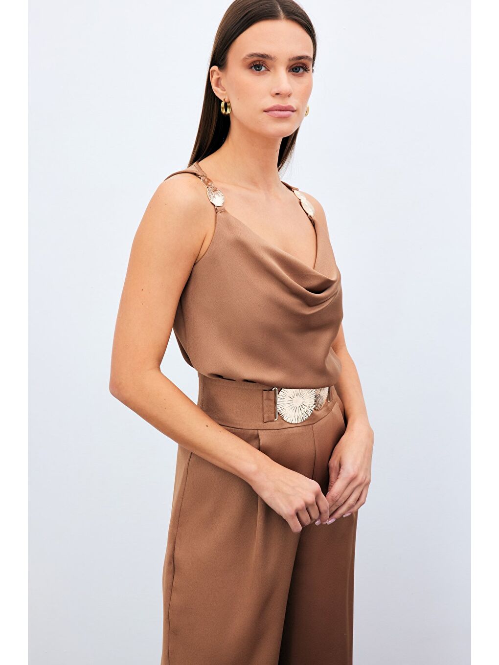 Kahverengi Salaş Krep Saten Pantolon - Camel-2