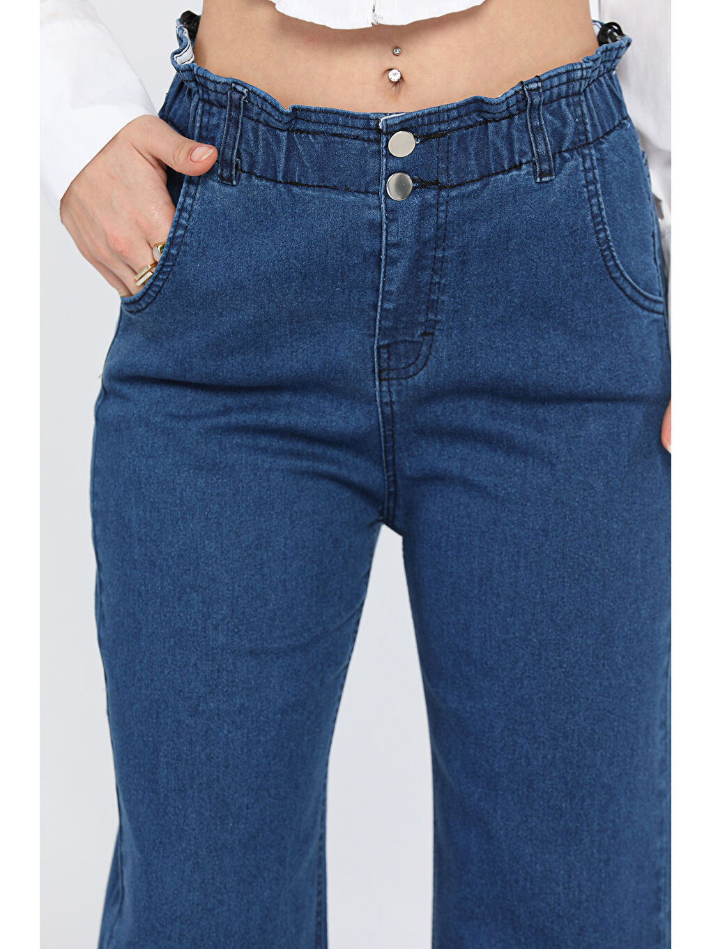 Lacivert Kadın Yüksek Bel Paça Püsküllü Taş Detaylı Elastanlı Jean Pantolon-3