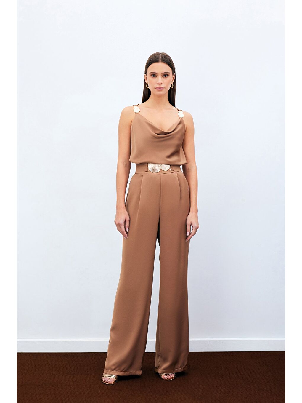 Kahverengi Salaş Krep Saten Pantolon - Camel-3