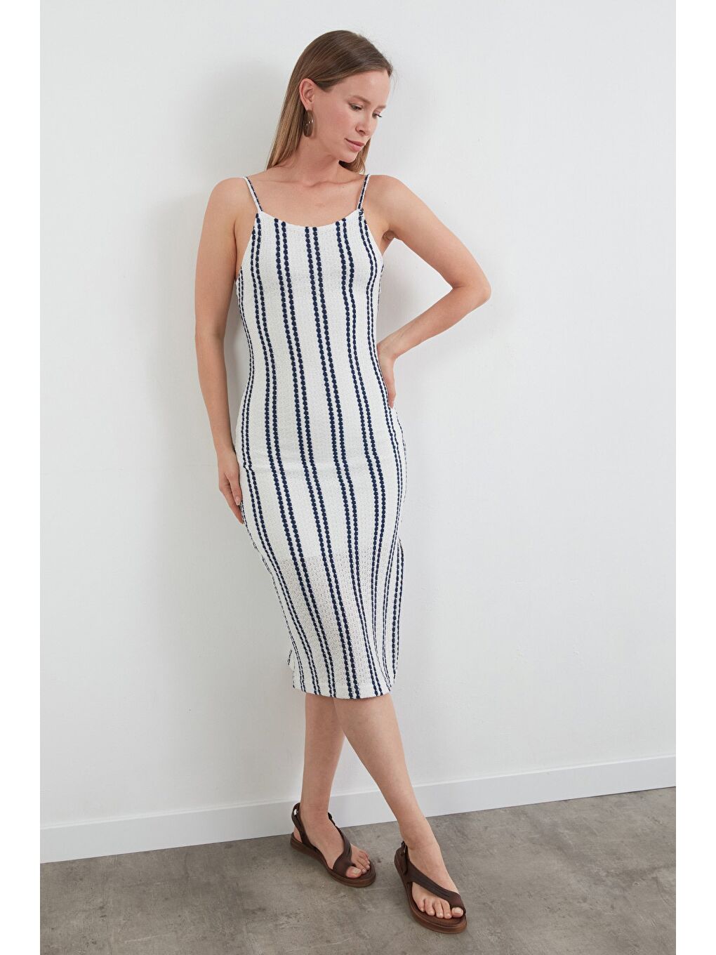 Lacivert Çizgili Askılı Triko Elbise