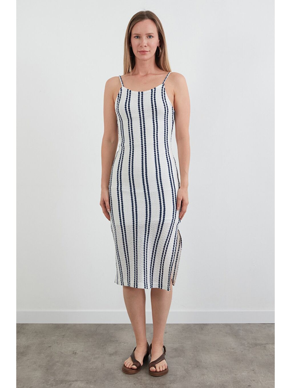 Lacivert Çizgili Askılı Triko Elbise-1