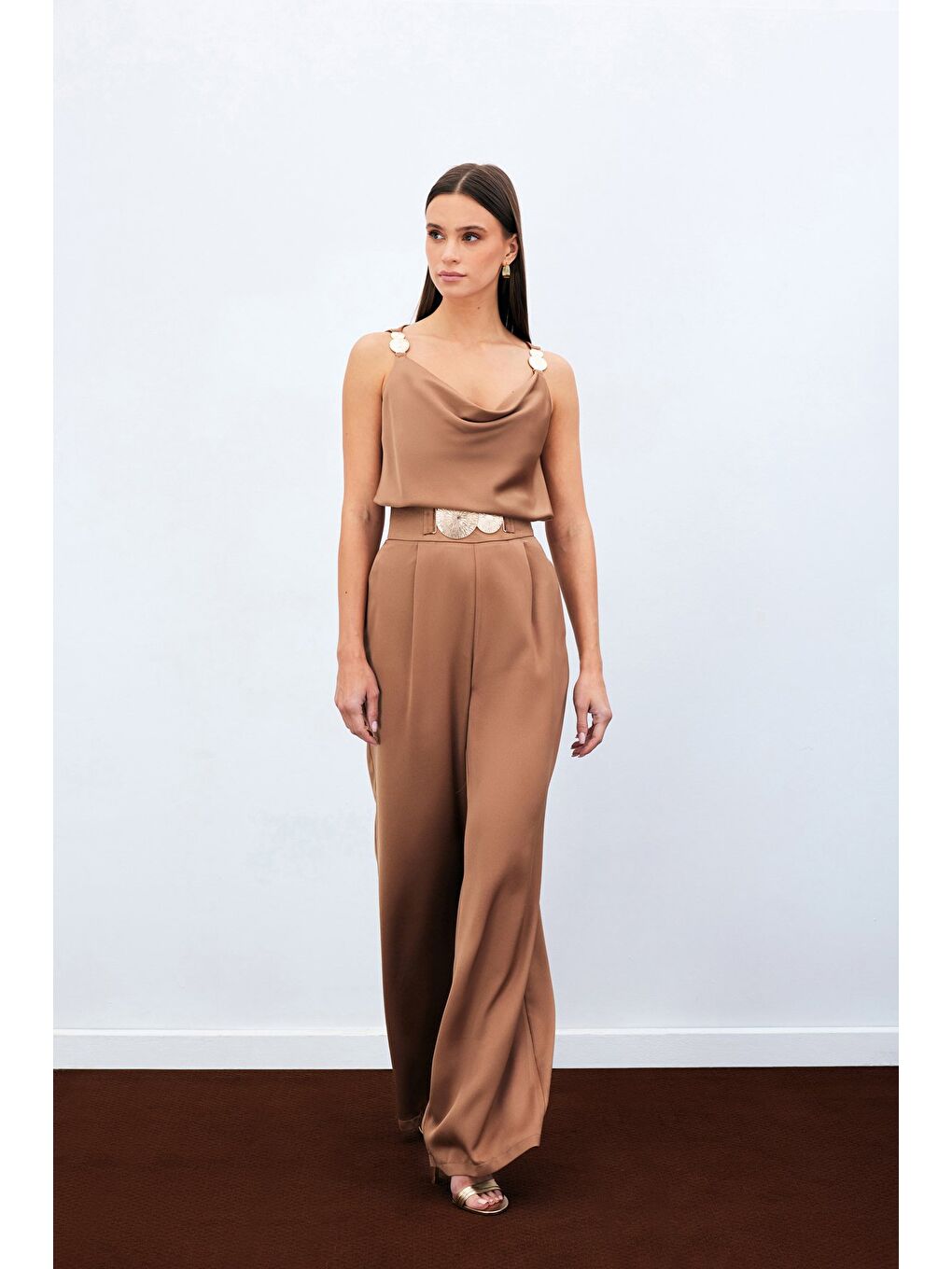 Kahverengi Salaş Krep Saten Pantolon - Camel-5