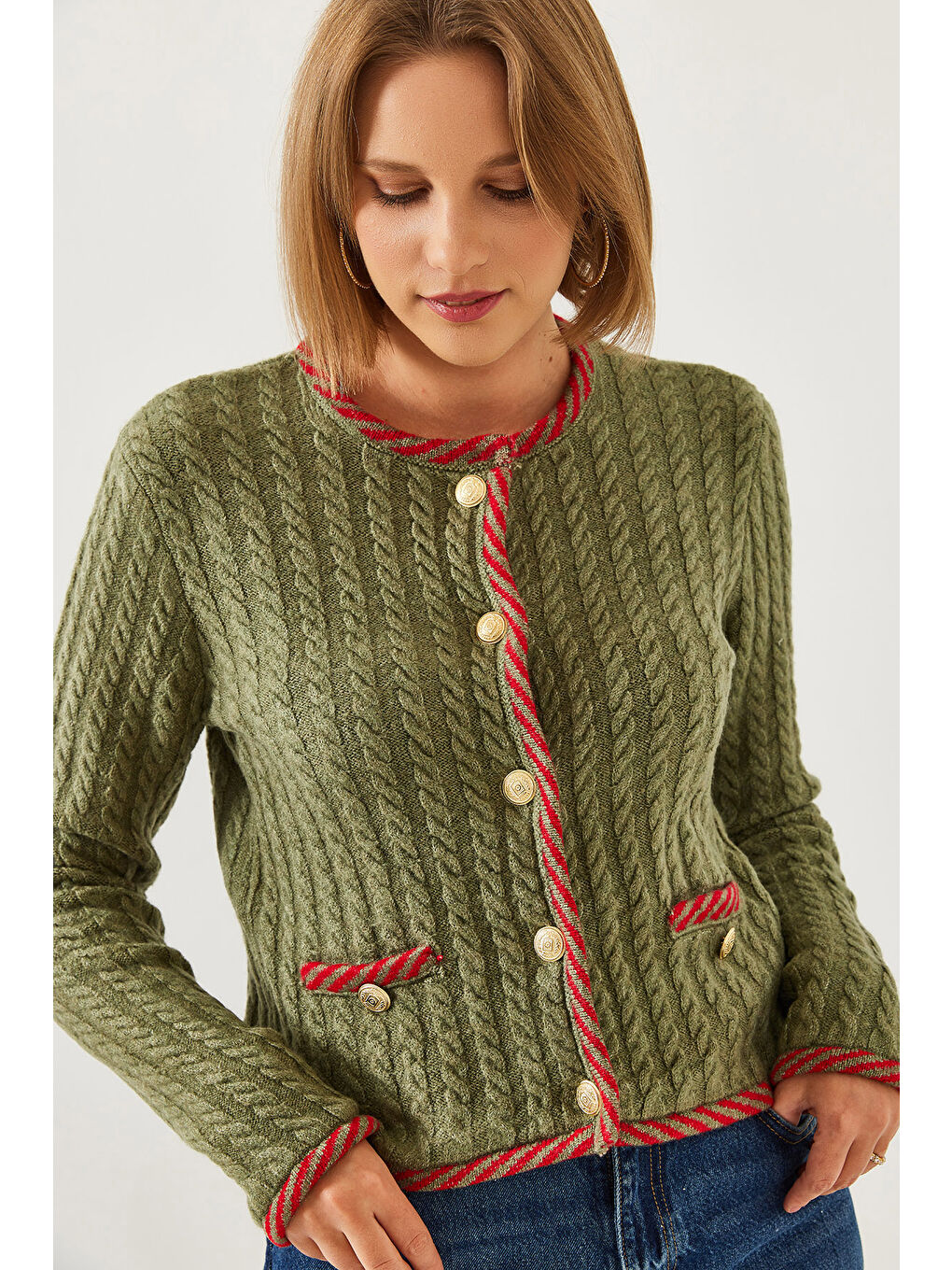 Yeşil Kadın Saç Örgülü Cepli Triko Hırka