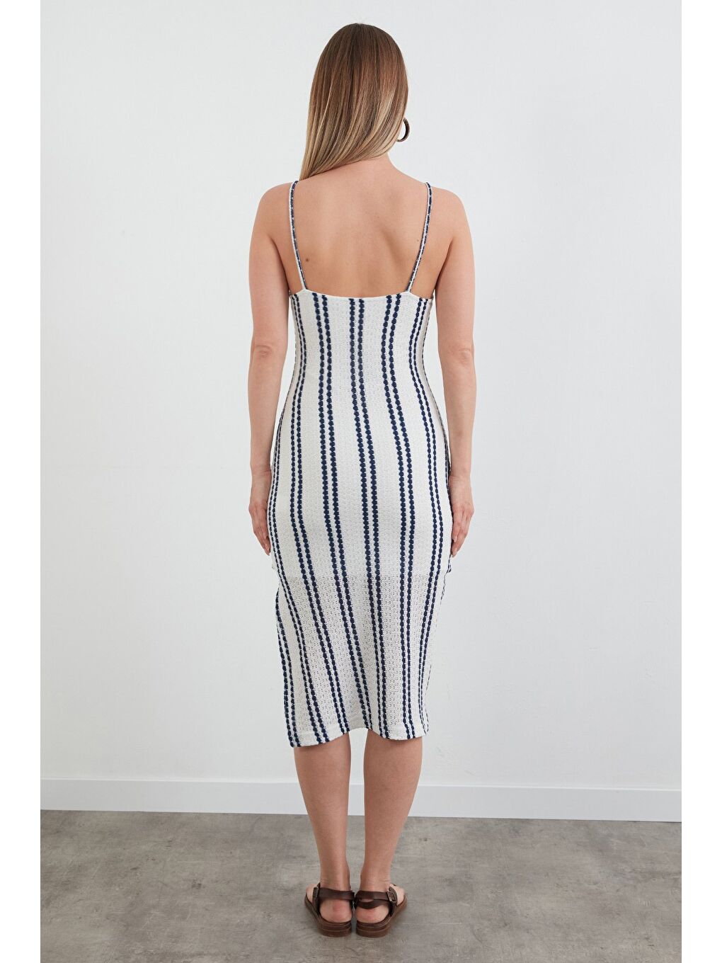 Lacivert Çizgili Askılı Triko Elbise-3