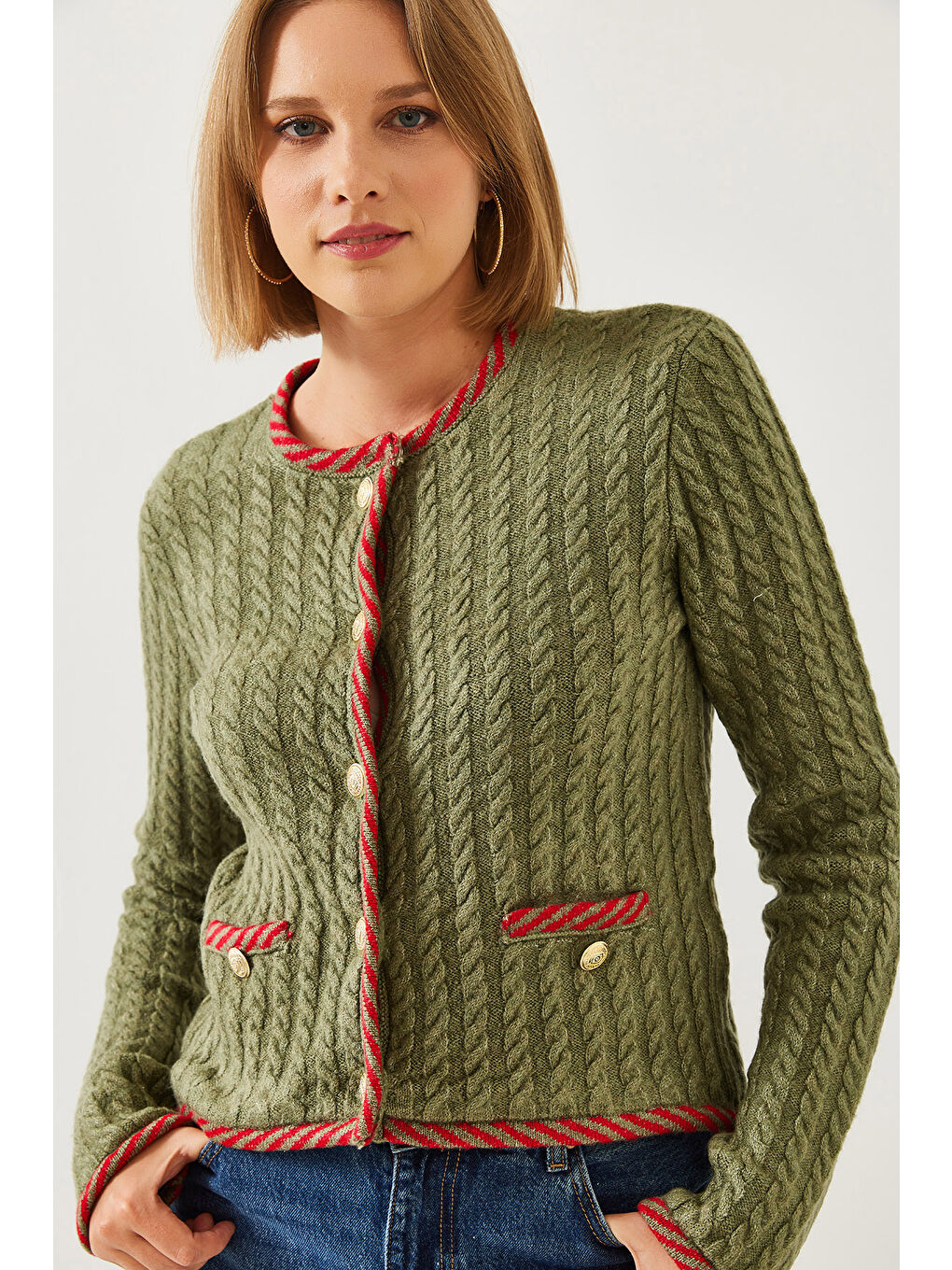 Yeşil Kadın Saç Örgülü Cepli Triko Hırka-1