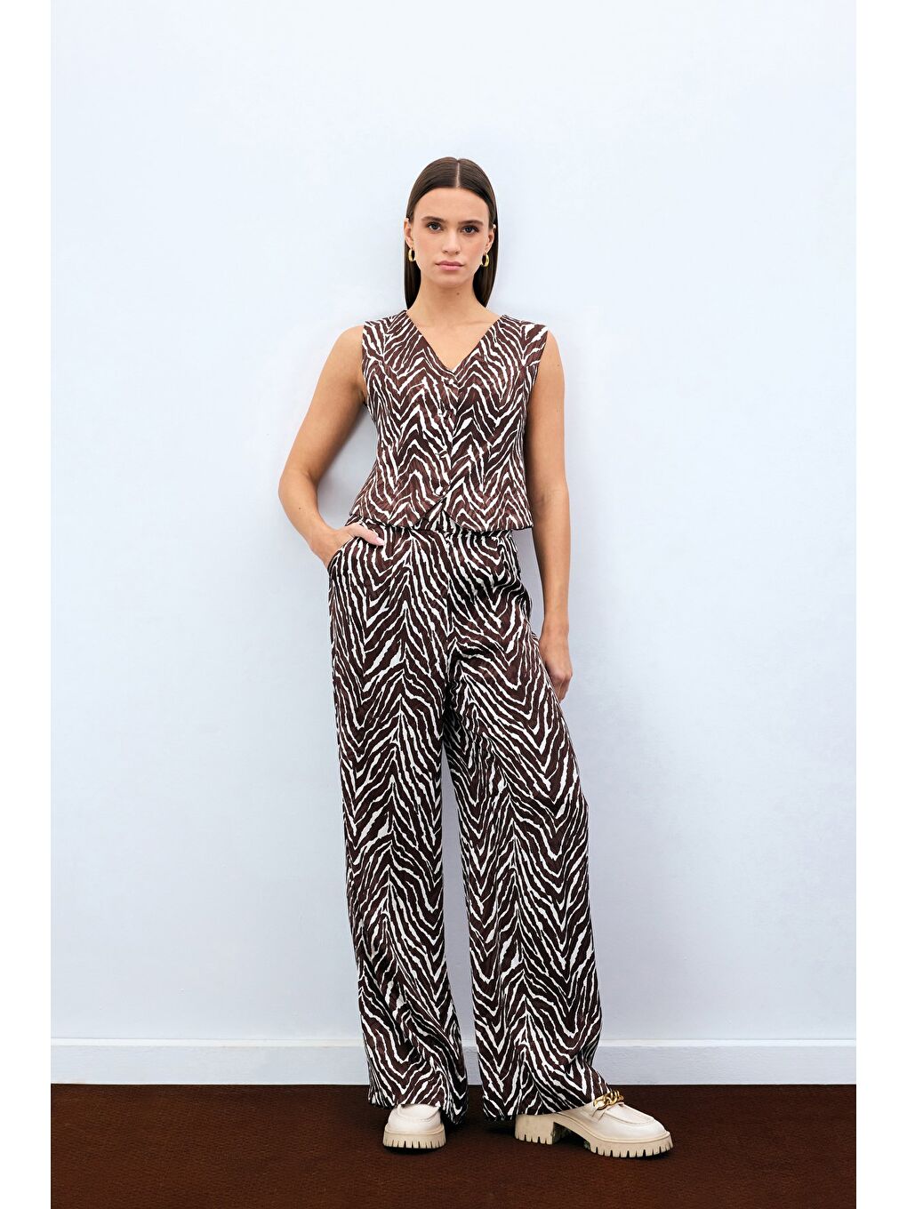 Kahverengi Zebra Desen Pantolon - Kahve