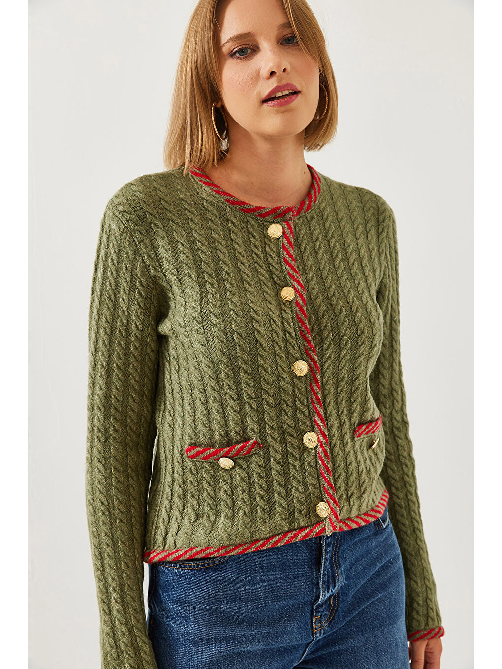 Yeşil Kadın Saç Örgülü Cepli Triko Hırka-2