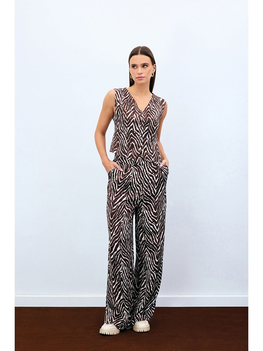 Kahverengi Zebra Desen Pantolon - Kahve-1