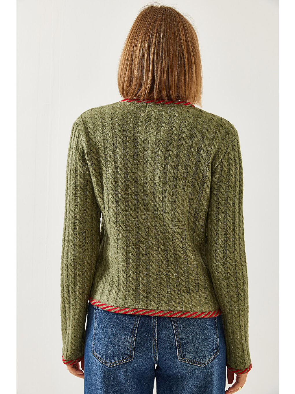 Yeşil Kadın Saç Örgülü Cepli Triko Hırka-5