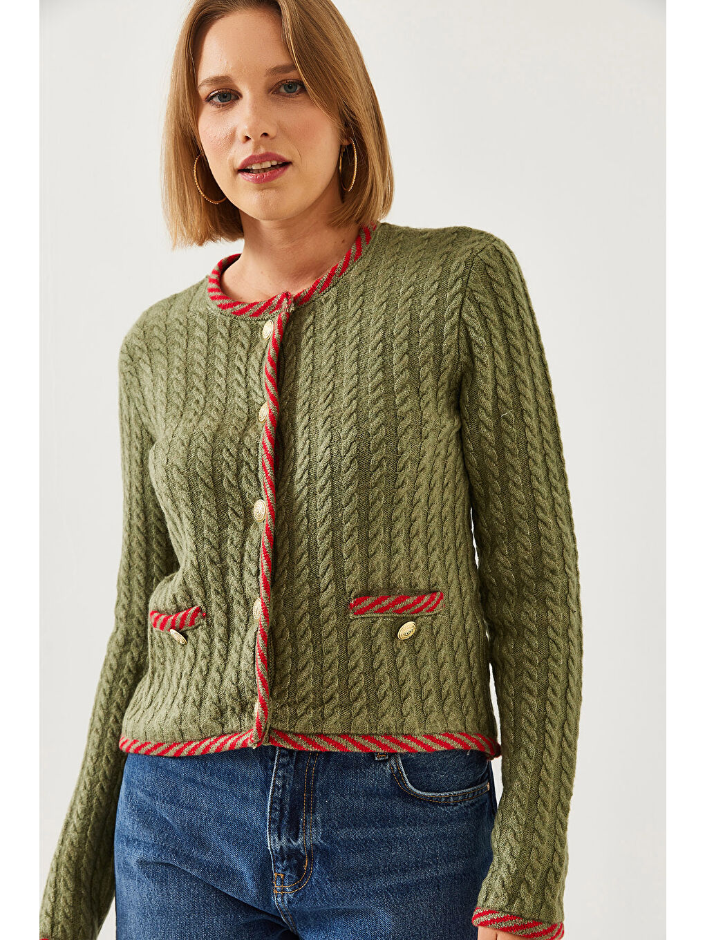 Yeşil Kadın Saç Örgülü Cepli Triko Hırka-6