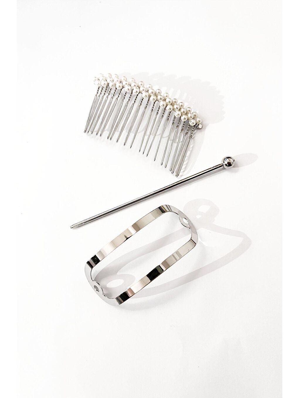 Gri Gümüş Ve İnci Detaylı 2'li Topuz Toka Seti