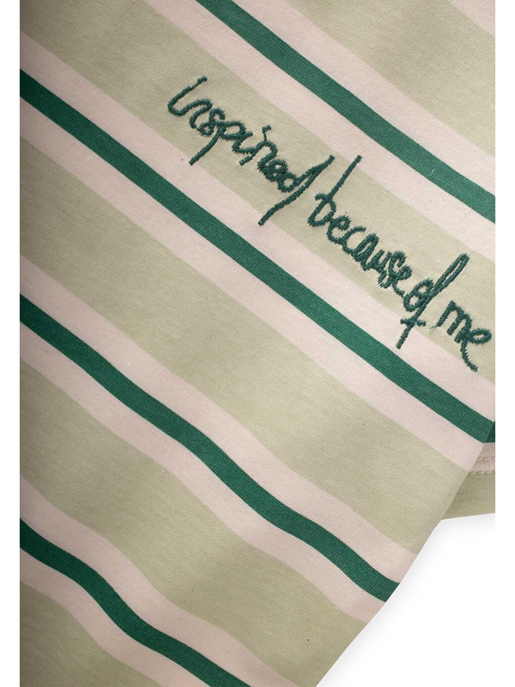 Yeşil Geniş Çizgili Nakışlı T-Shırt 2-10 Yaş Mint Haki Çizgili-2