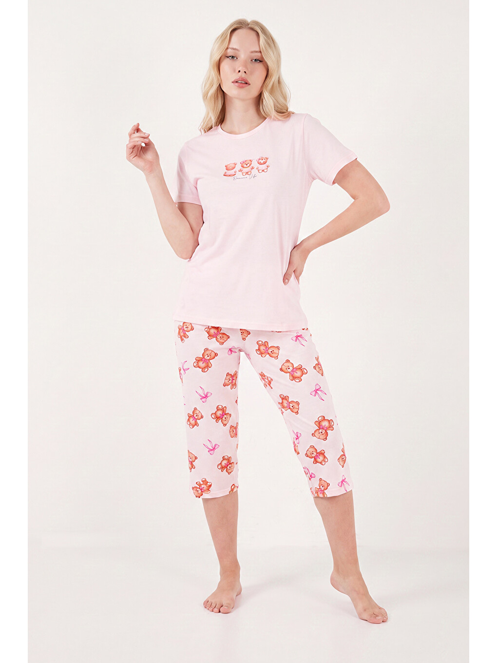 Pembe Desenli Pamuklu Bisiklet Yaka Kaprili Pijama Takımı 65790787-1