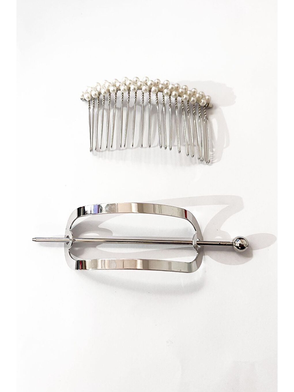 Gri Gümüş Ve İnci Detaylı 2'li Topuz Toka Seti-1