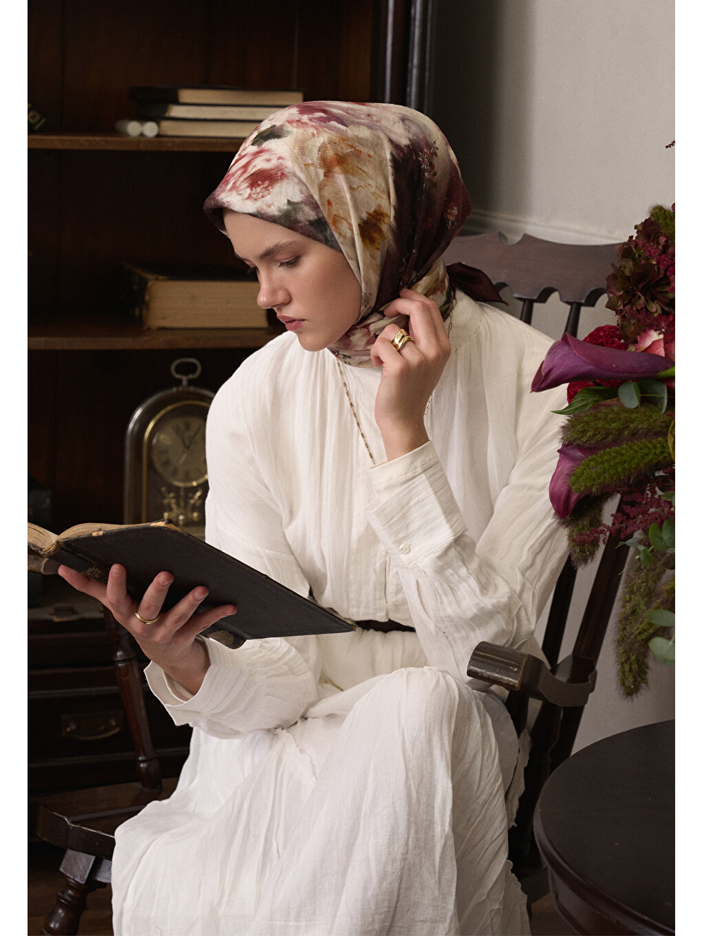 Vıntage Rose Desen Pamuklu Viskon Eşarp Antrasit