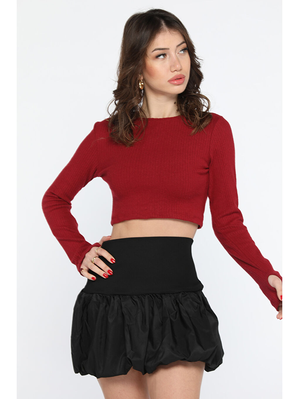 GÜLSELİ Bordo Kadın Bisiklet Yaka Kolu Pencereli Kaşkorse Crop Top Bluz