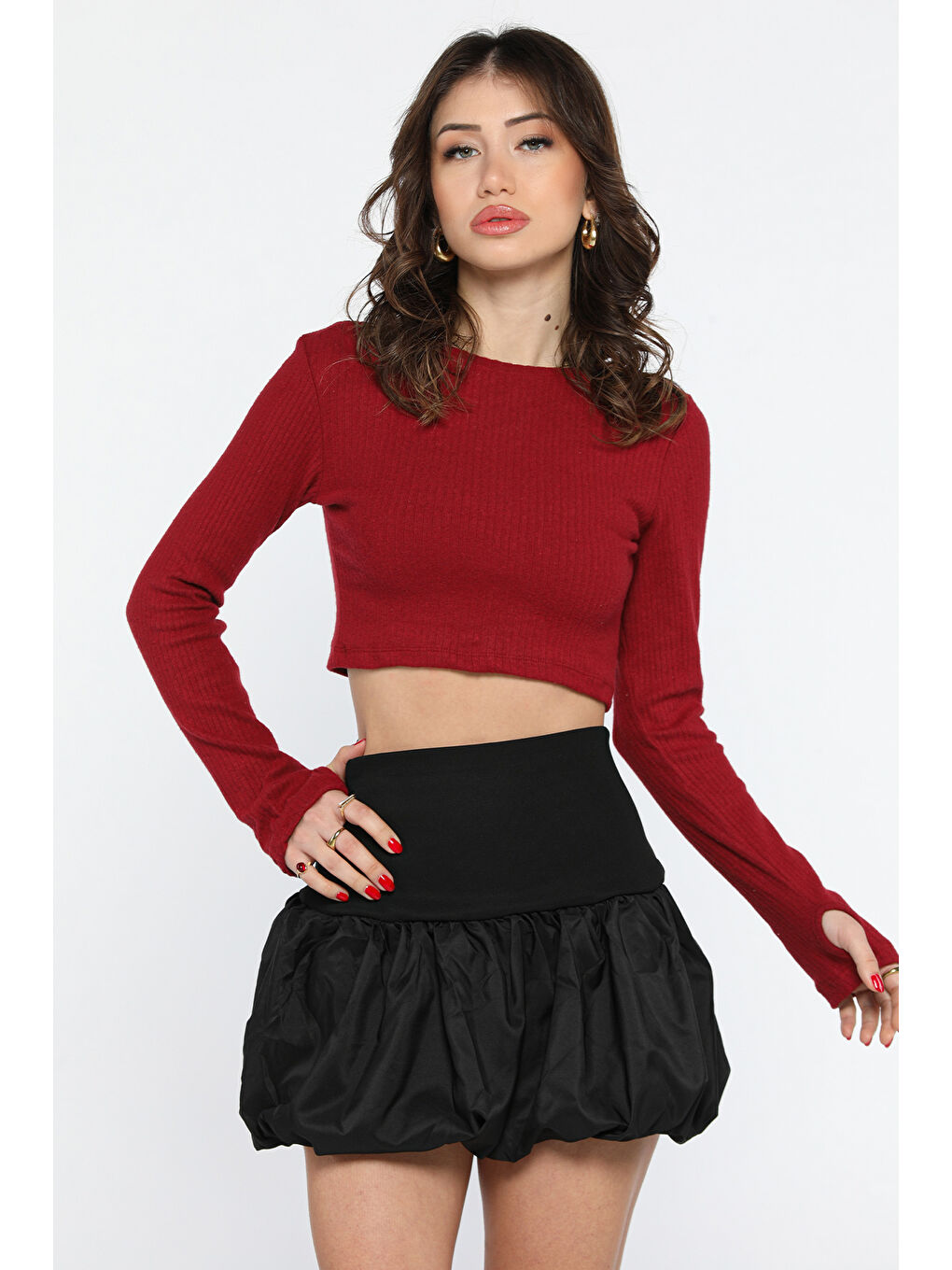 GÜLSELİ Bordo Kadın Bisiklet Yaka Kolu Pencereli Kaşkorse Crop Top Bluz - 1