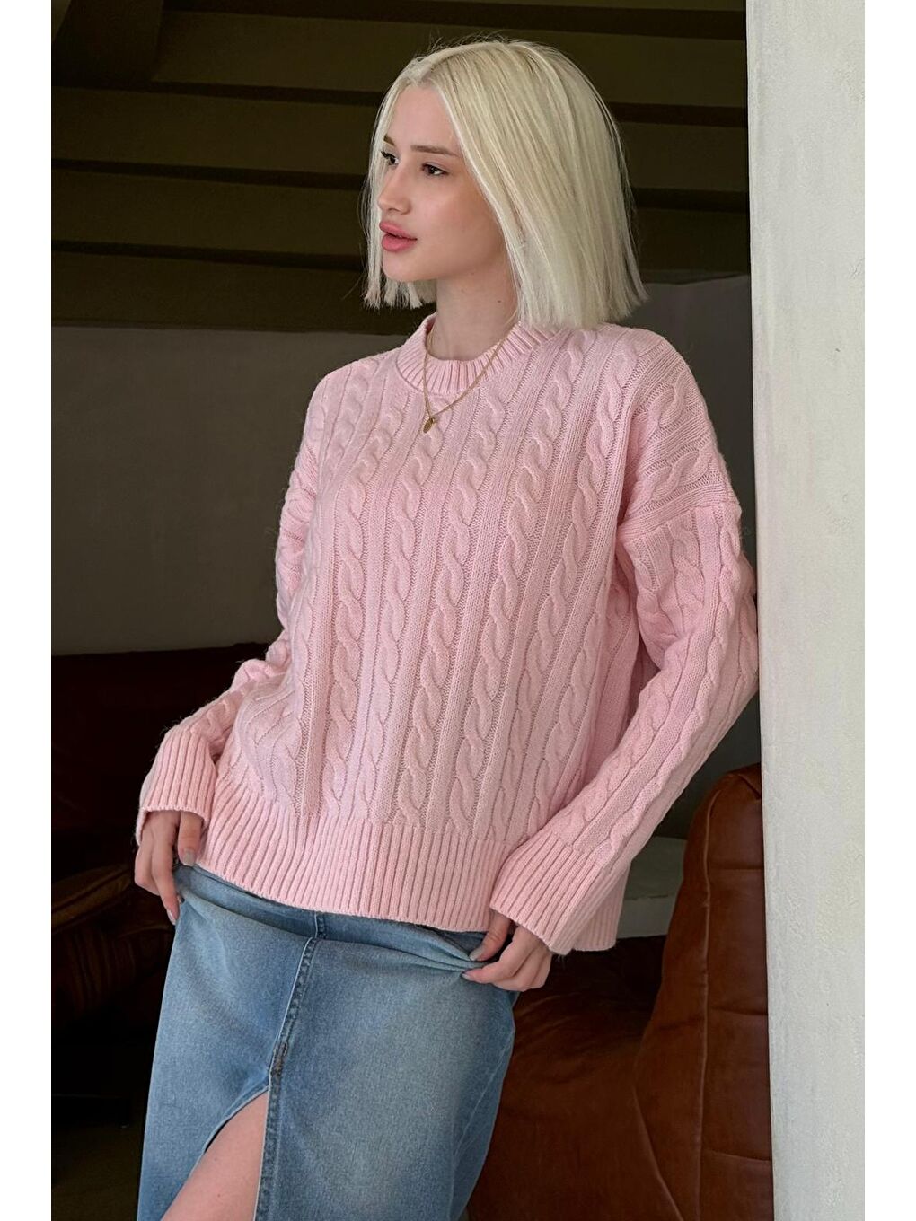 Pembe Bisiklet Yaka Örgü Desenli Kadın Triko Kazak Mg2520