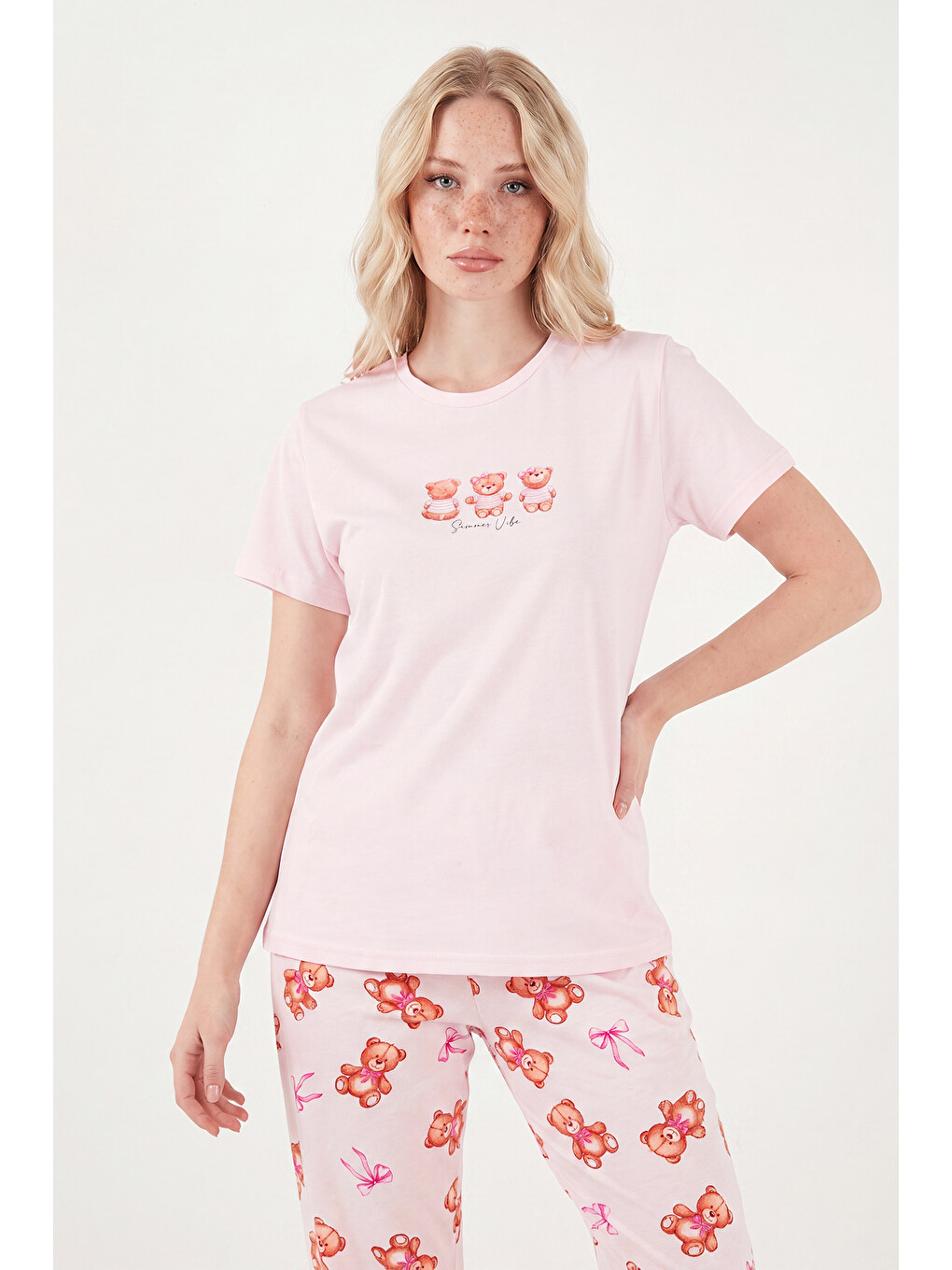Pembe Desenli Pamuklu Bisiklet Yaka Kaprili Pijama Takımı 65790787-2